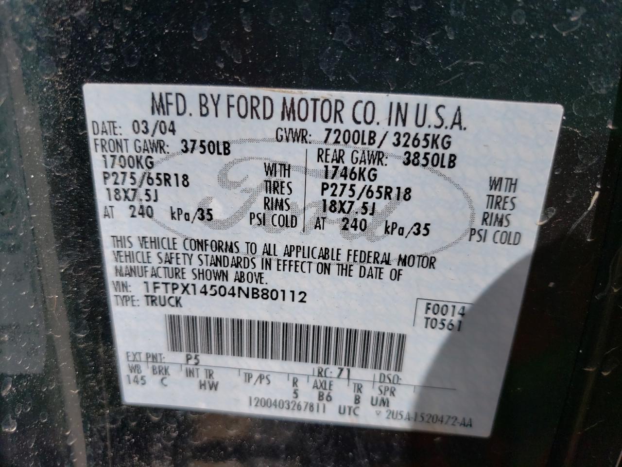 Photo 10 from auction – 2004 FORD F150 with VIN 1FTPX14504NB80112