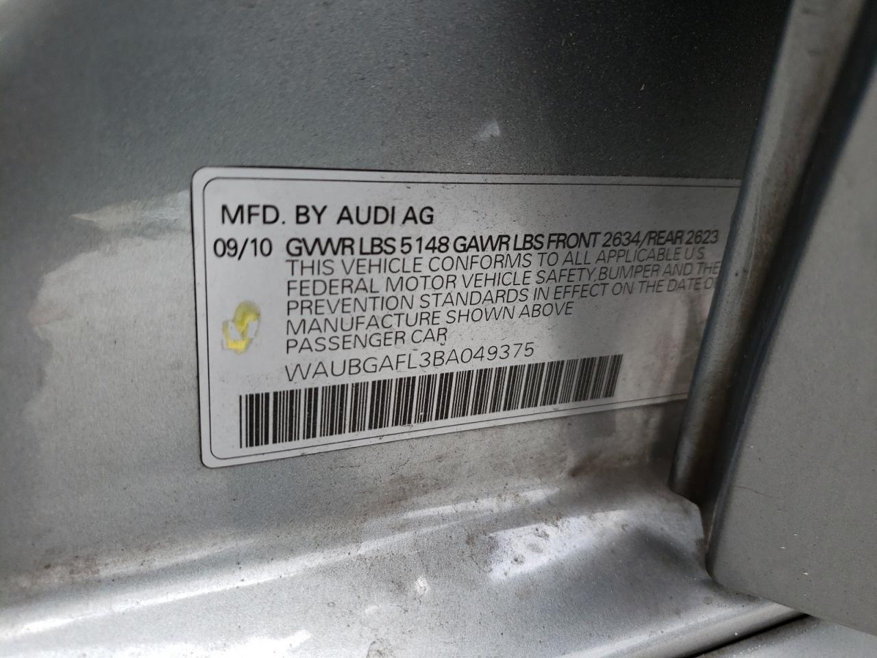 Photo 10 from auction – 2011 AUDI S4 QUATTRO with VIN WAUBGAFL3BA049375