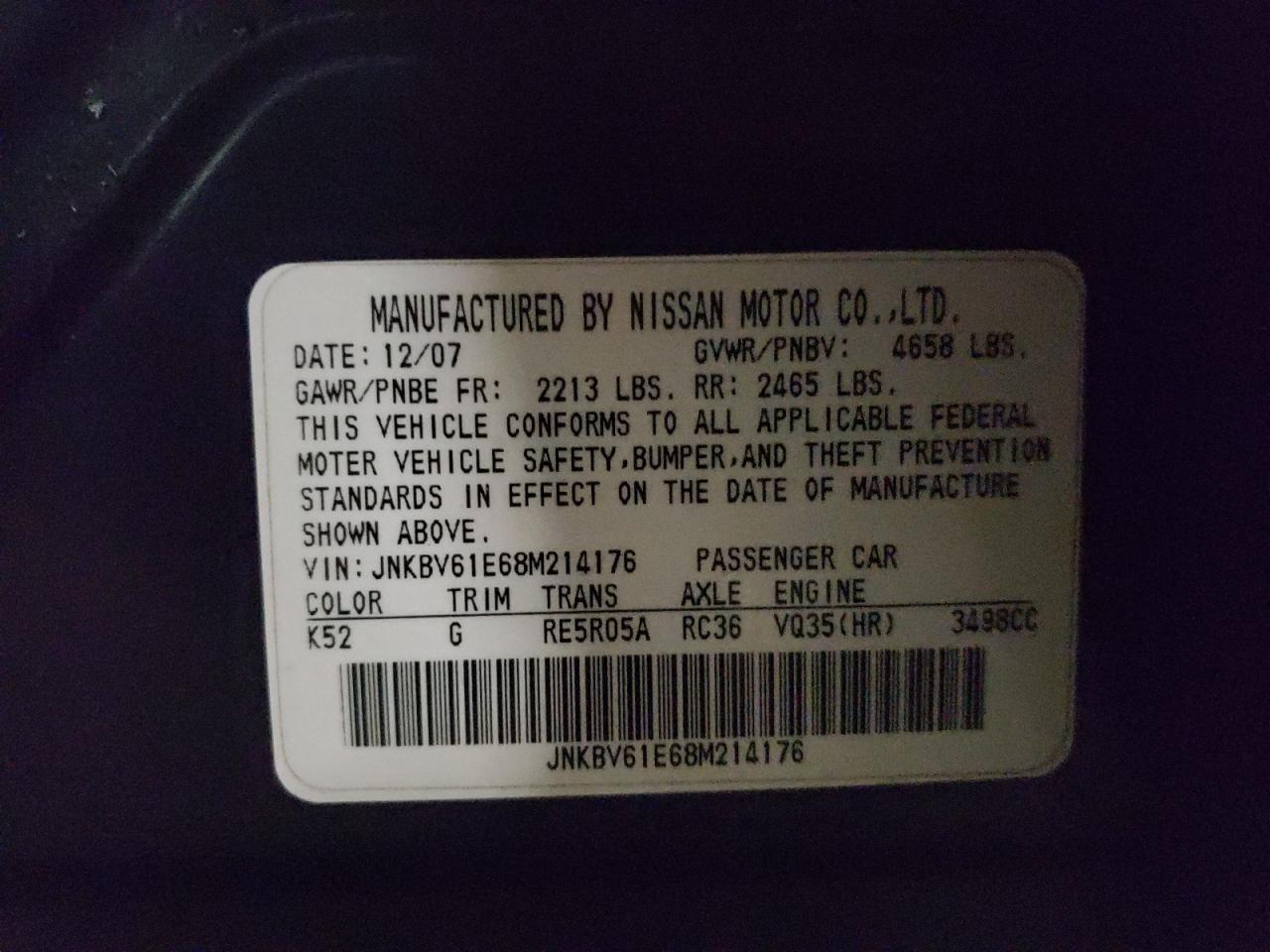Photo 10 from auction – 2008 INFINITI G35 with VIN JNKBV61E68M214176
