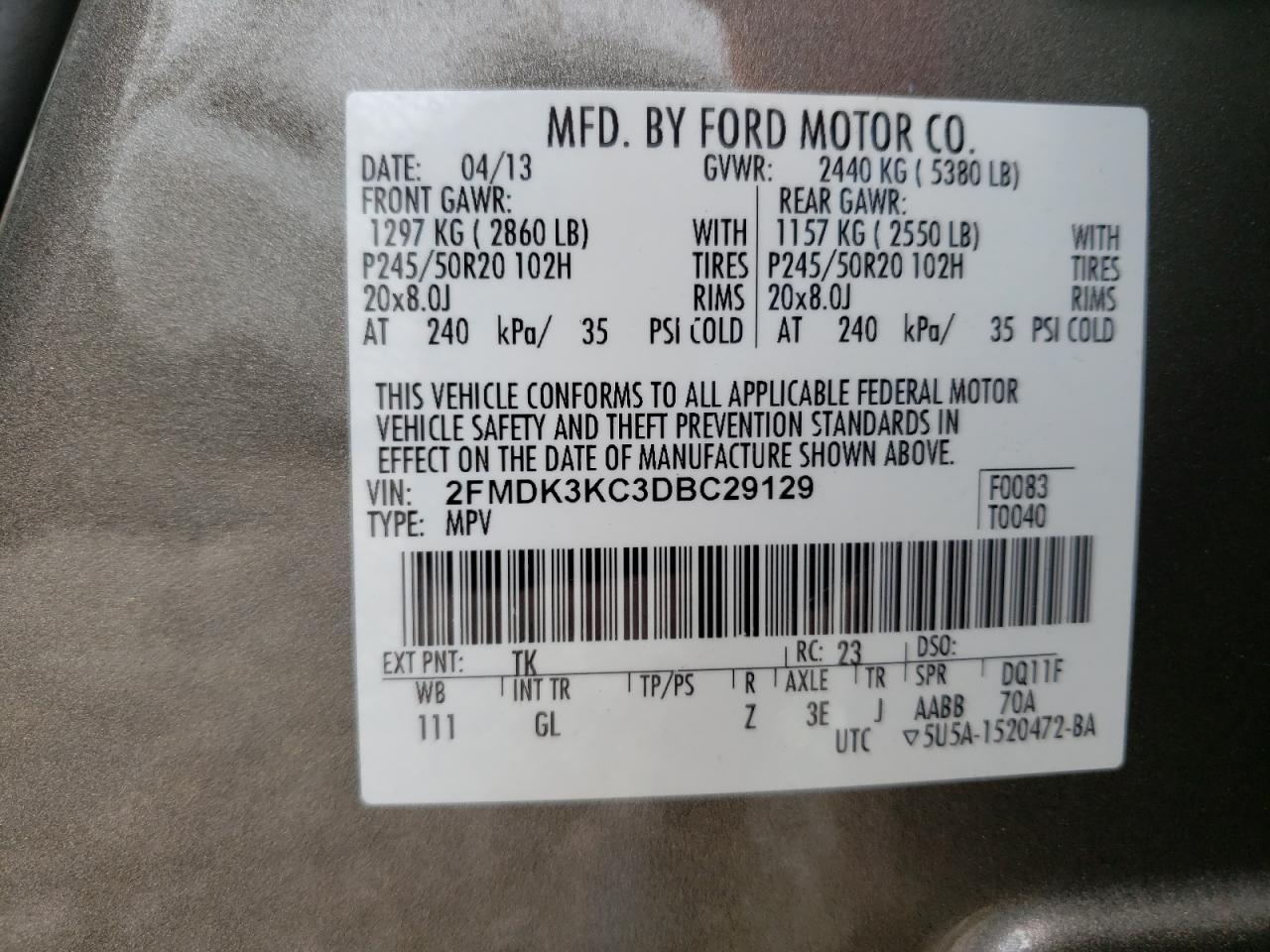 Photo 10 from auction – 2013 FORD EDGE LIMIT with VIN 2FMDK3KC3DBC29129