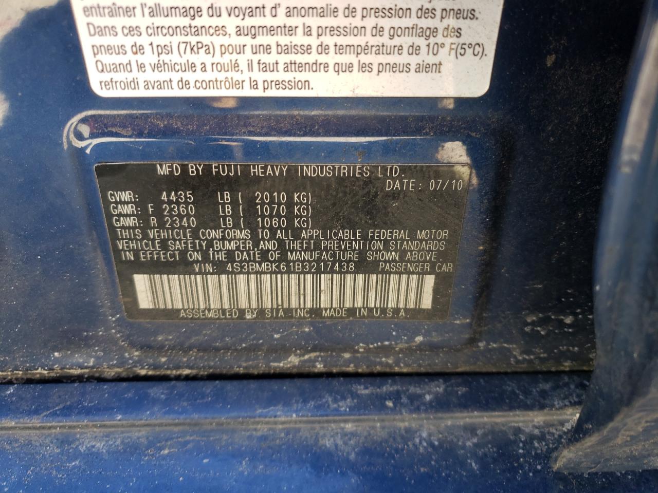Photo 10 from auction – 2011 SUBARU LEGACY with VIN 4S3BMBK61B3217438