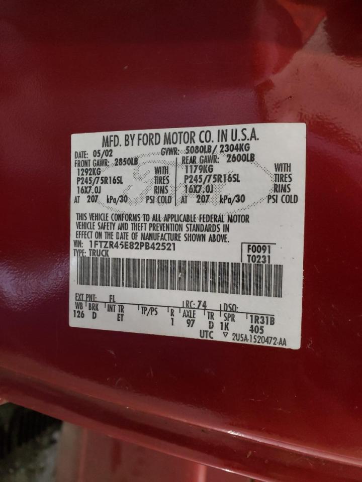 Photo 10 from auction – 2002 FORD RANGER SUP with VIN 1FTZR45E82PB42521