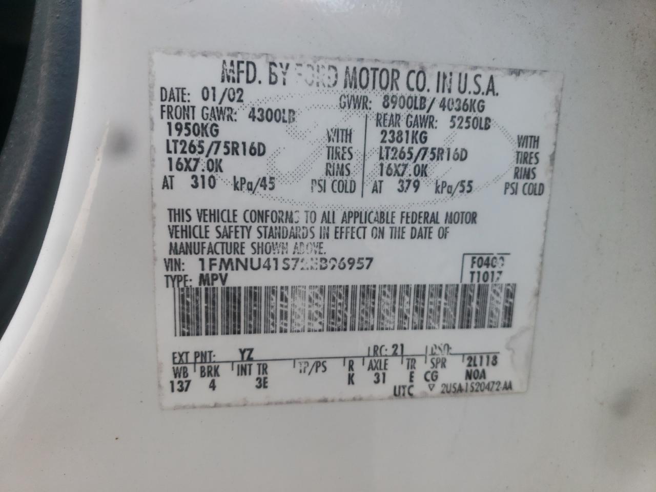 Photo 10 from auction – 2002 FORD EXCURSION with VIN 1FMNU41S72EB96957