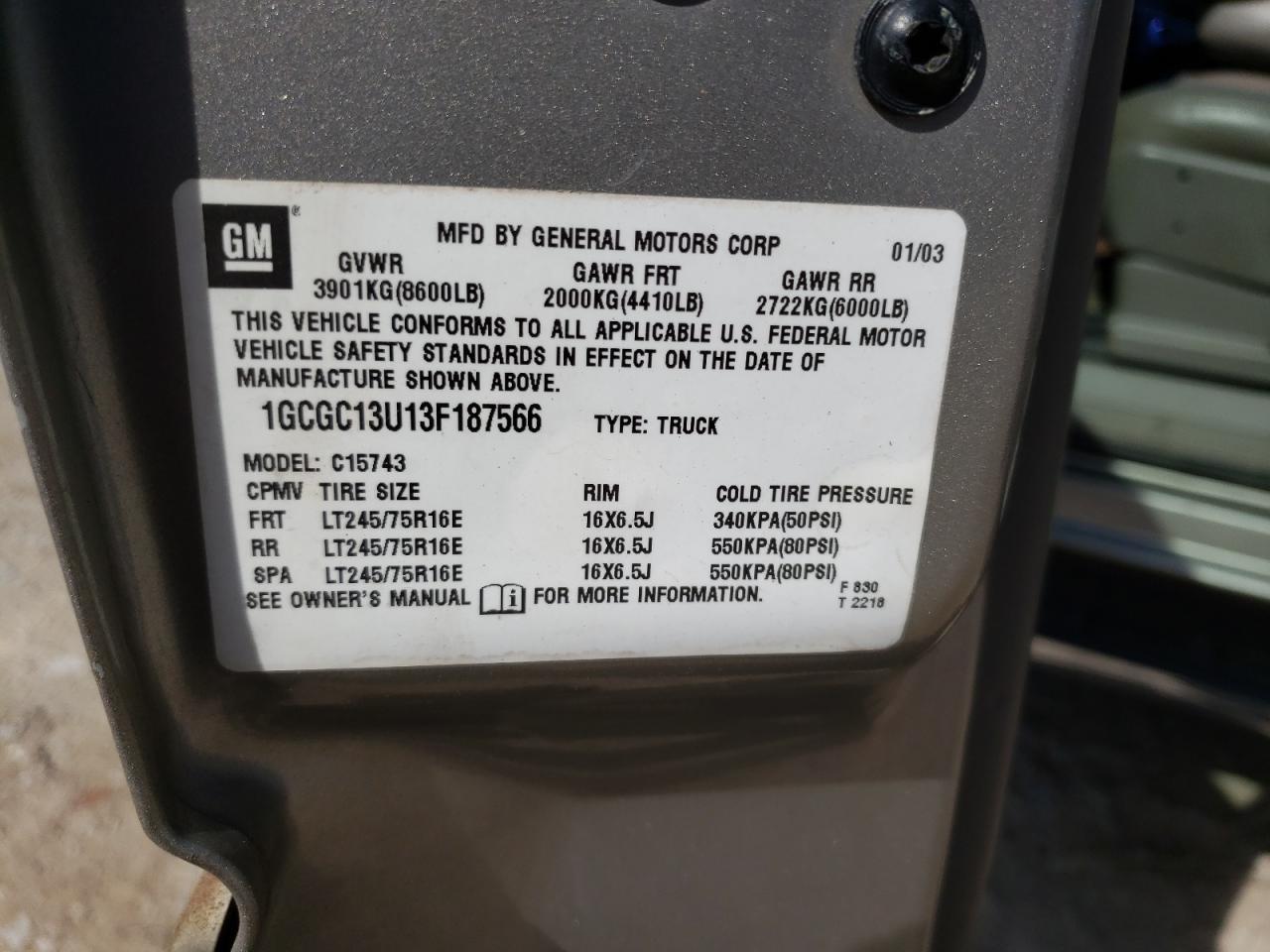 Photo 10 from auction – 2003 CHEVROLET silverado with VIN 1GCGC13U13F187566