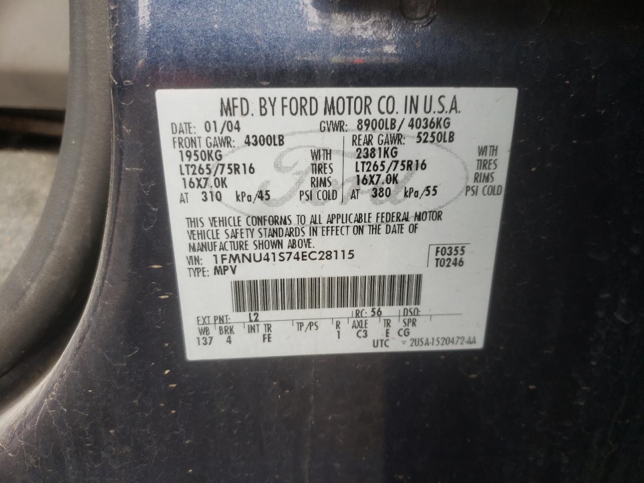 Photo 10 from auction – 2004 FORD EXCURSION with VIN 1FMNU41S74EC28115