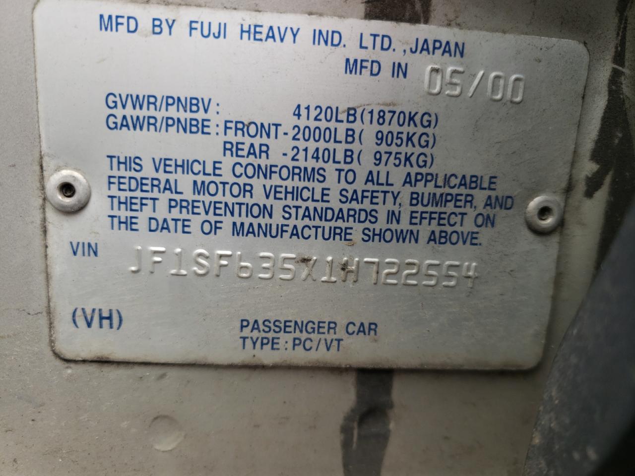 Photo 10 from auction – 2001 SUBARU FORESTER L with VIN JF1SF635X1H722554