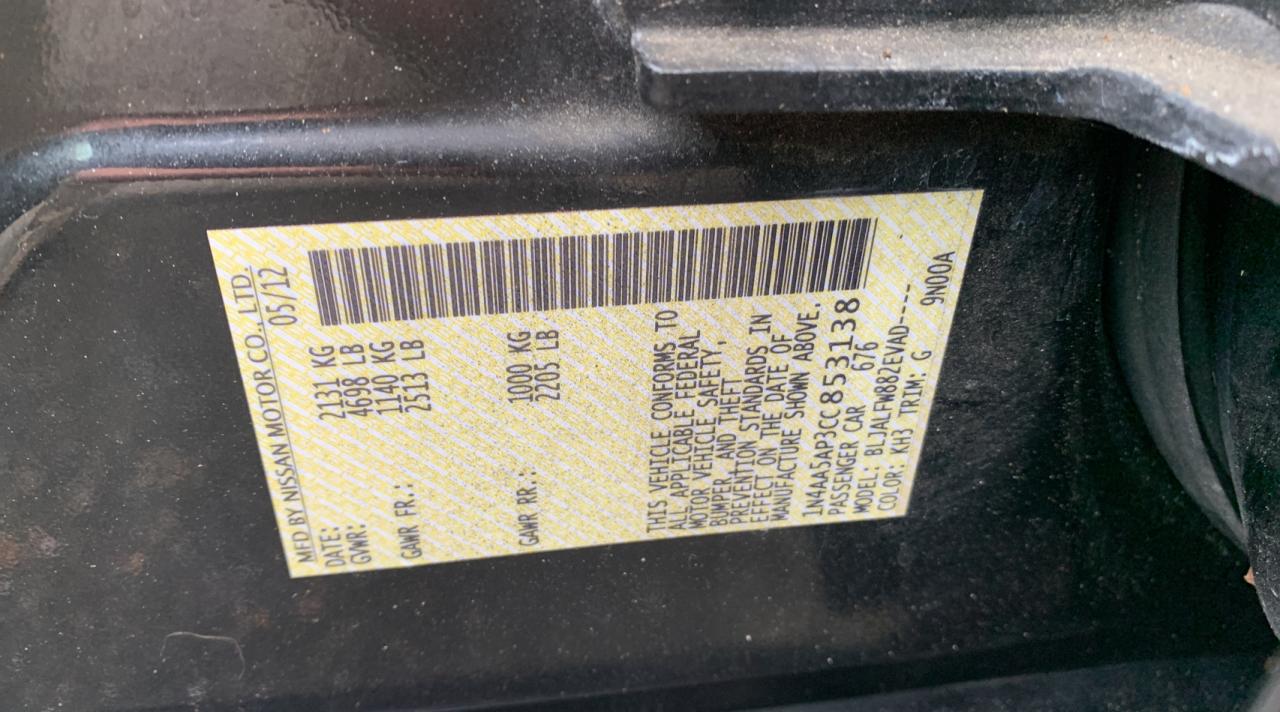 Photo 10 from auction – 2012 NISSAN MAXIMA S with VIN 1N4AA5AP3CC853138