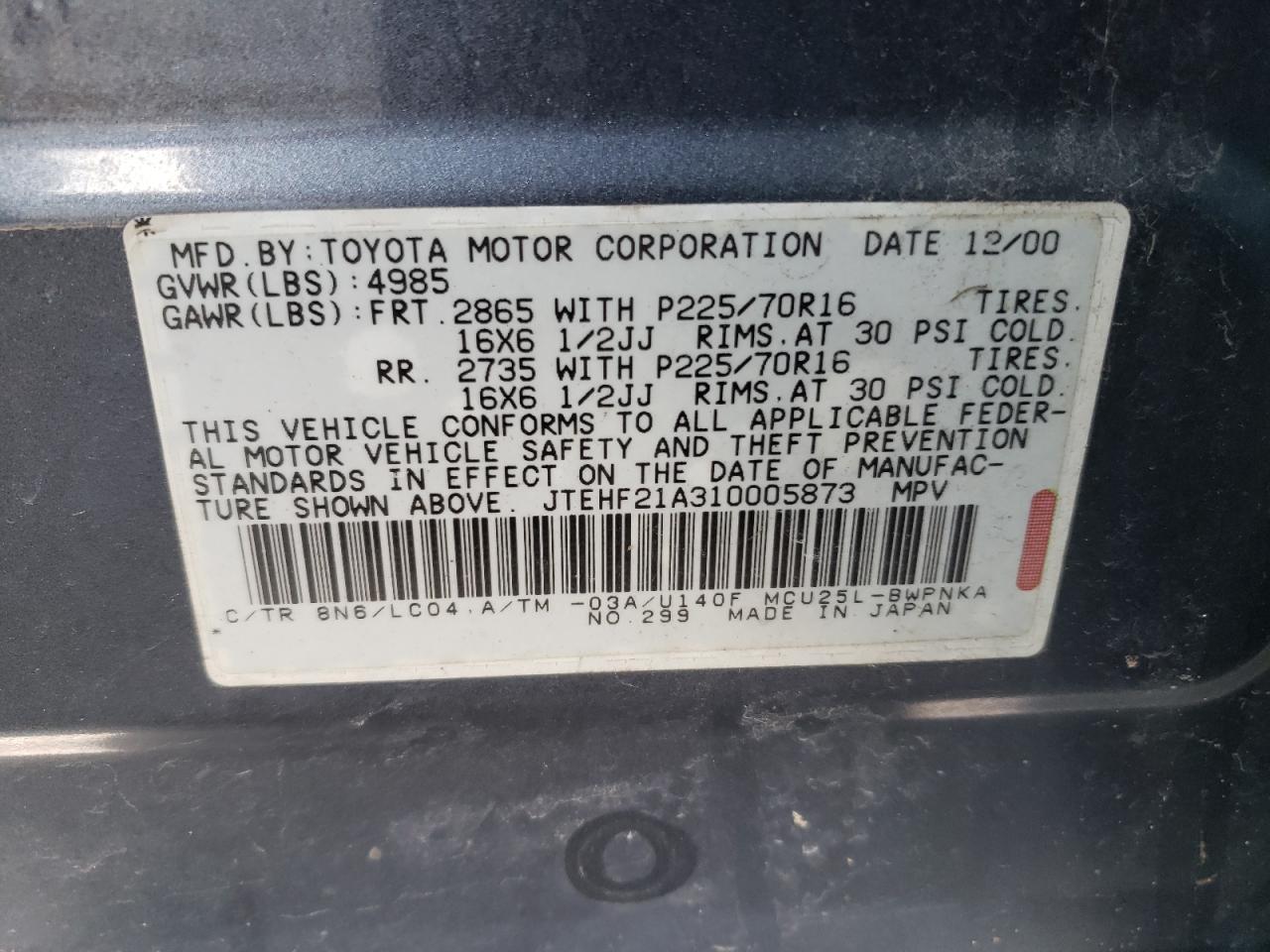 Foto 10 de la subasta – 2001 TOYOTA HIGHLANDER con VIN JTEHF21A310005873