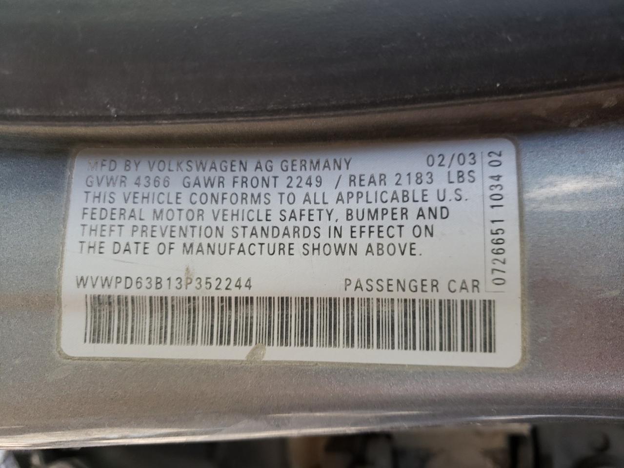 Photo 10 from auction – 2003 VOLKSWAGEN PASSAT GLS with VIN WVWPD63B13P352244