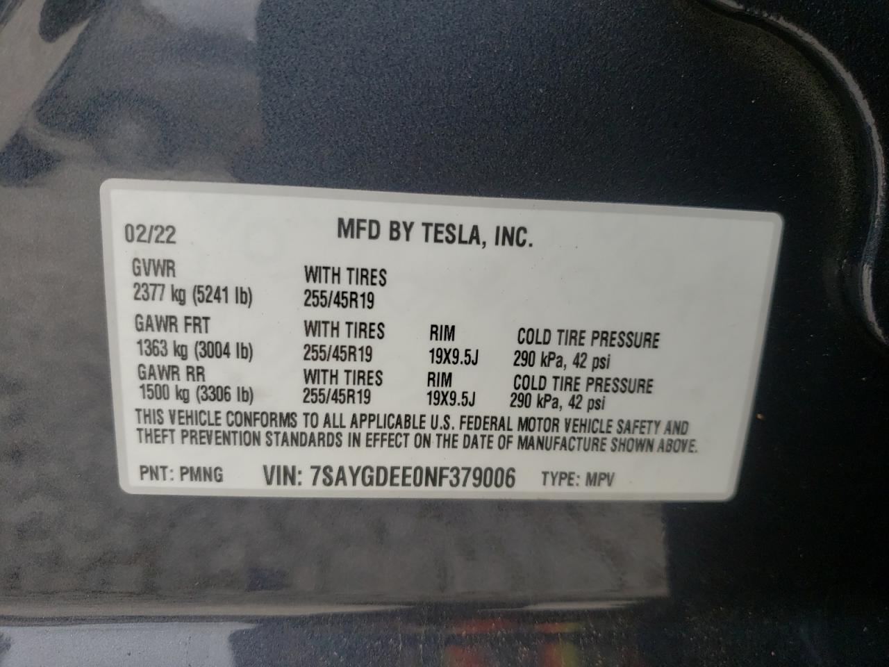 Photo 10 from auction – 2022 TESLA MODEL Y with VIN 7SAYGDEE0NF379006