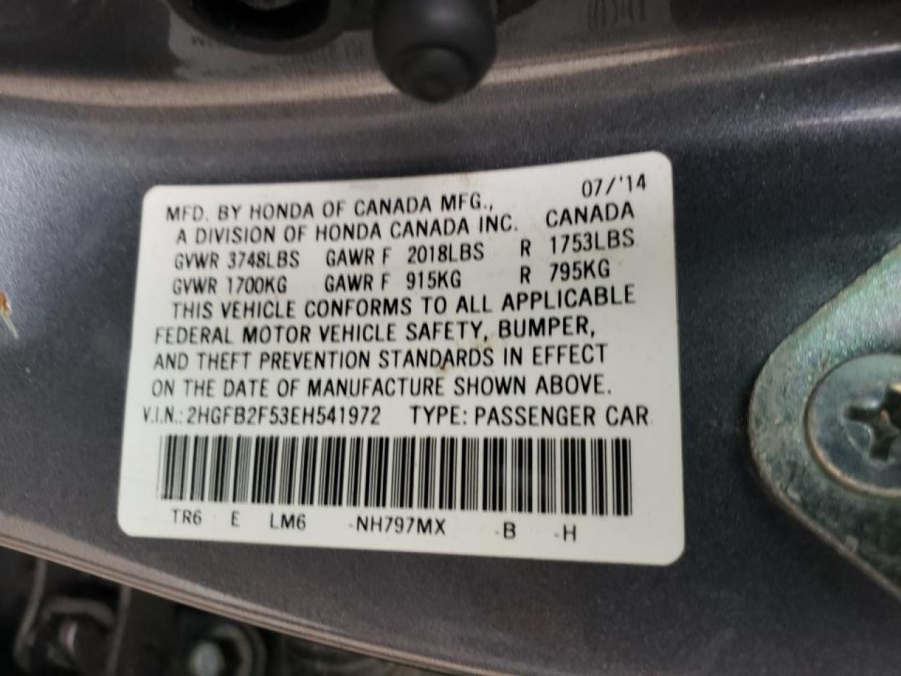 Photo 10 from auction – 2014 HONDA CIVIC LX with VIN 2HGFB2F53EH541972
