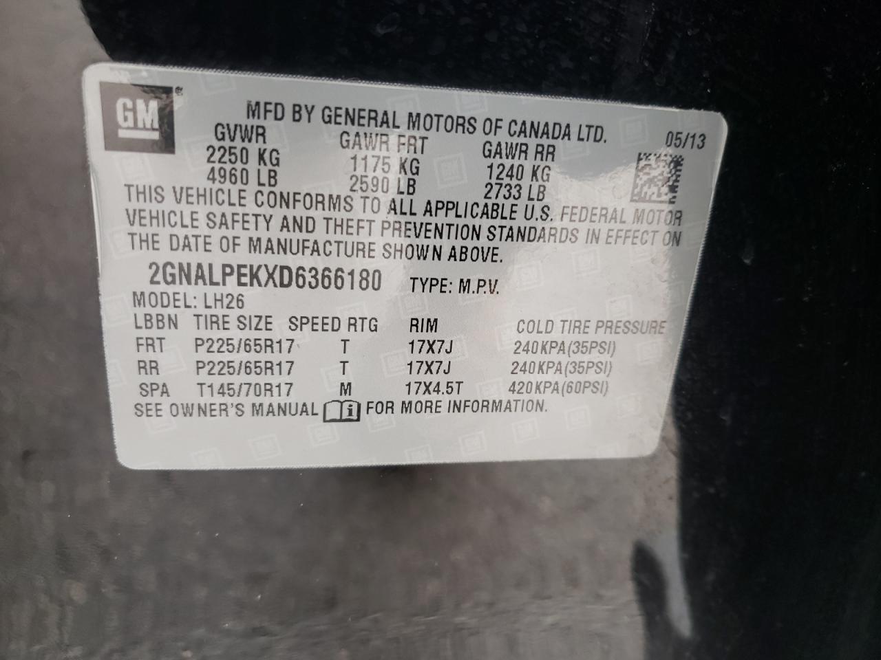 Photo 10 from auction – 2013 CHEVROLET EQUINOX LT with VIN 2GNALPEKXD6366180