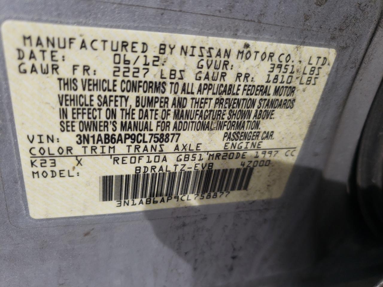 Photo 10 from auction – 2012 NISSAN SENTRA 2.0 with VIN 3N1AB6AP9CL758877