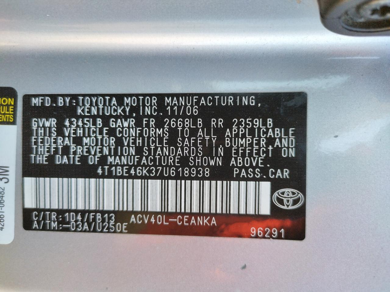 Photo 10 from auction – 2007 TOYOTA CAMRY CE with VIN 4T1BE46K37U618938