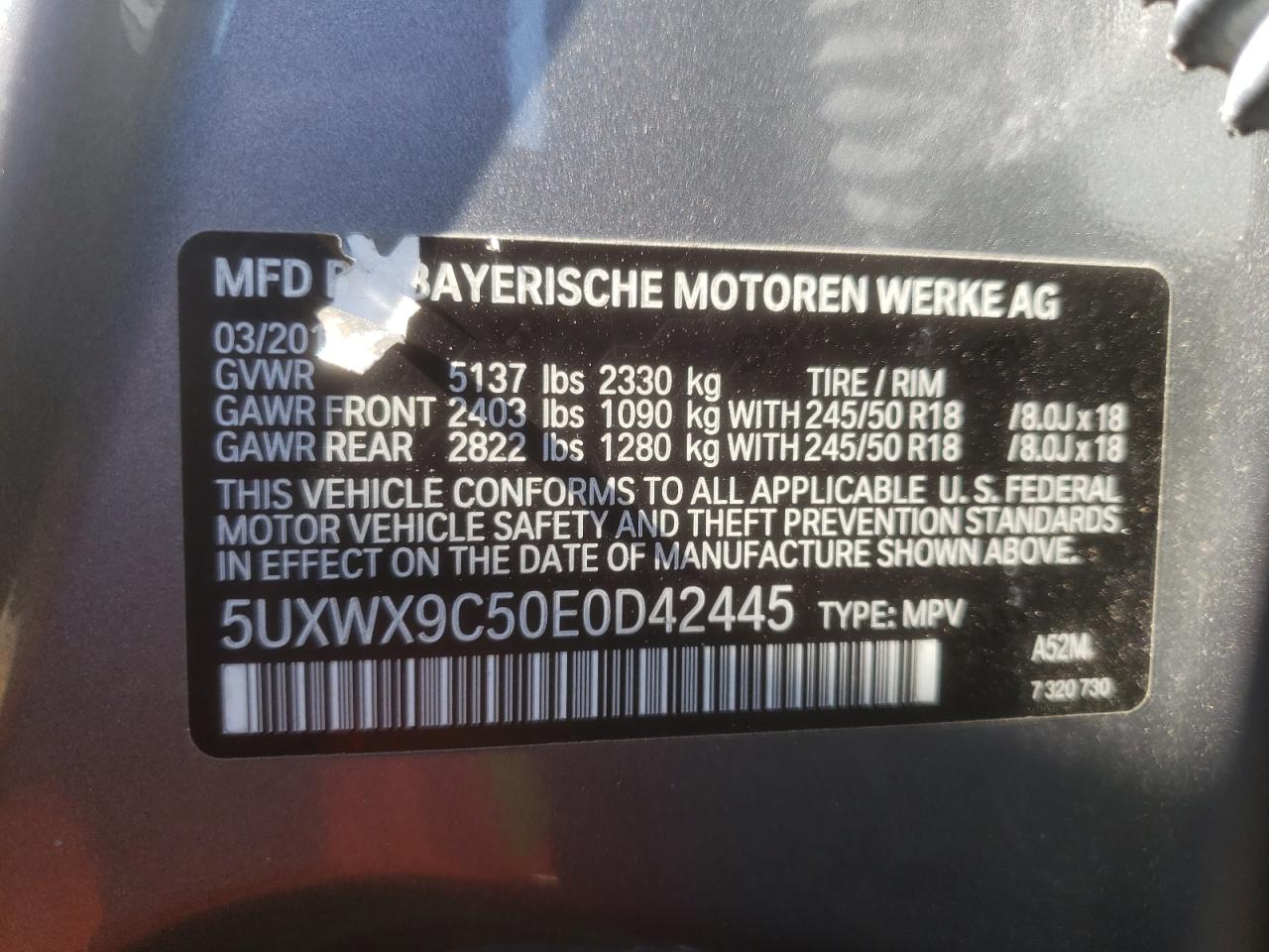 Photo 10 from auction – 2014 BMW X3 XDRIVE2 with VIN 5UXWX9C50E0D42445