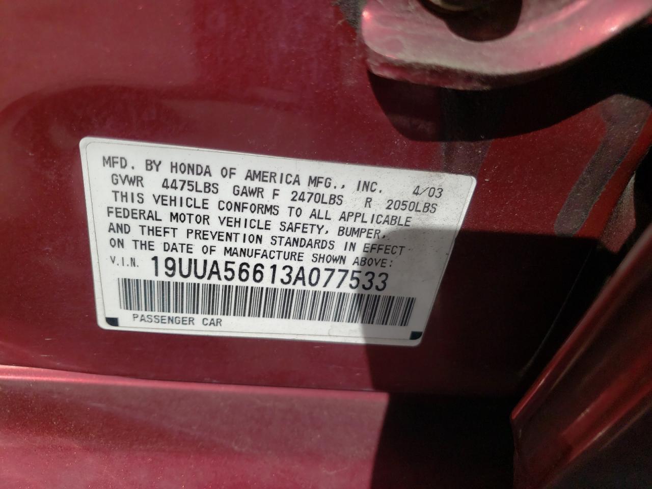Photo 10 from auction – 2003 ACURA 3.2TL with VIN 19UUA56613A077533