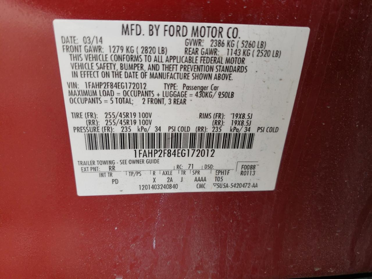 Photo 10 from auction – 2014 FORD TAURUS LIM with VIN 1FAHP2F84EG172012