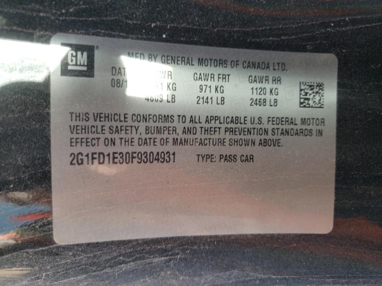 Photo 10 from auction – 2015 CHEVROLET CAMARO LT with VIN 2G1FD1E30F9304931