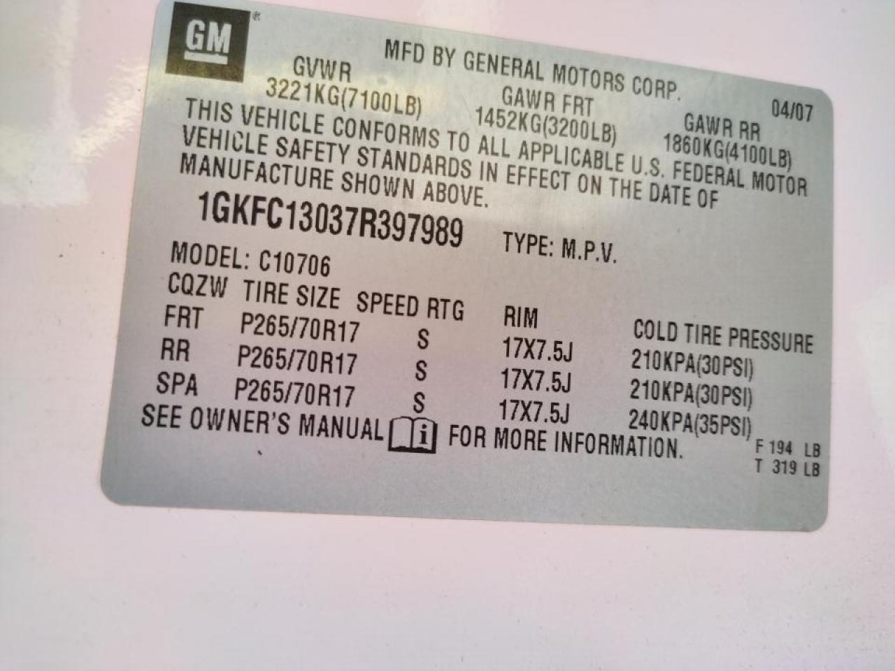 Photo 10 from auction – 2007 GMC YUKON with VIN 1GKFC13037R397989