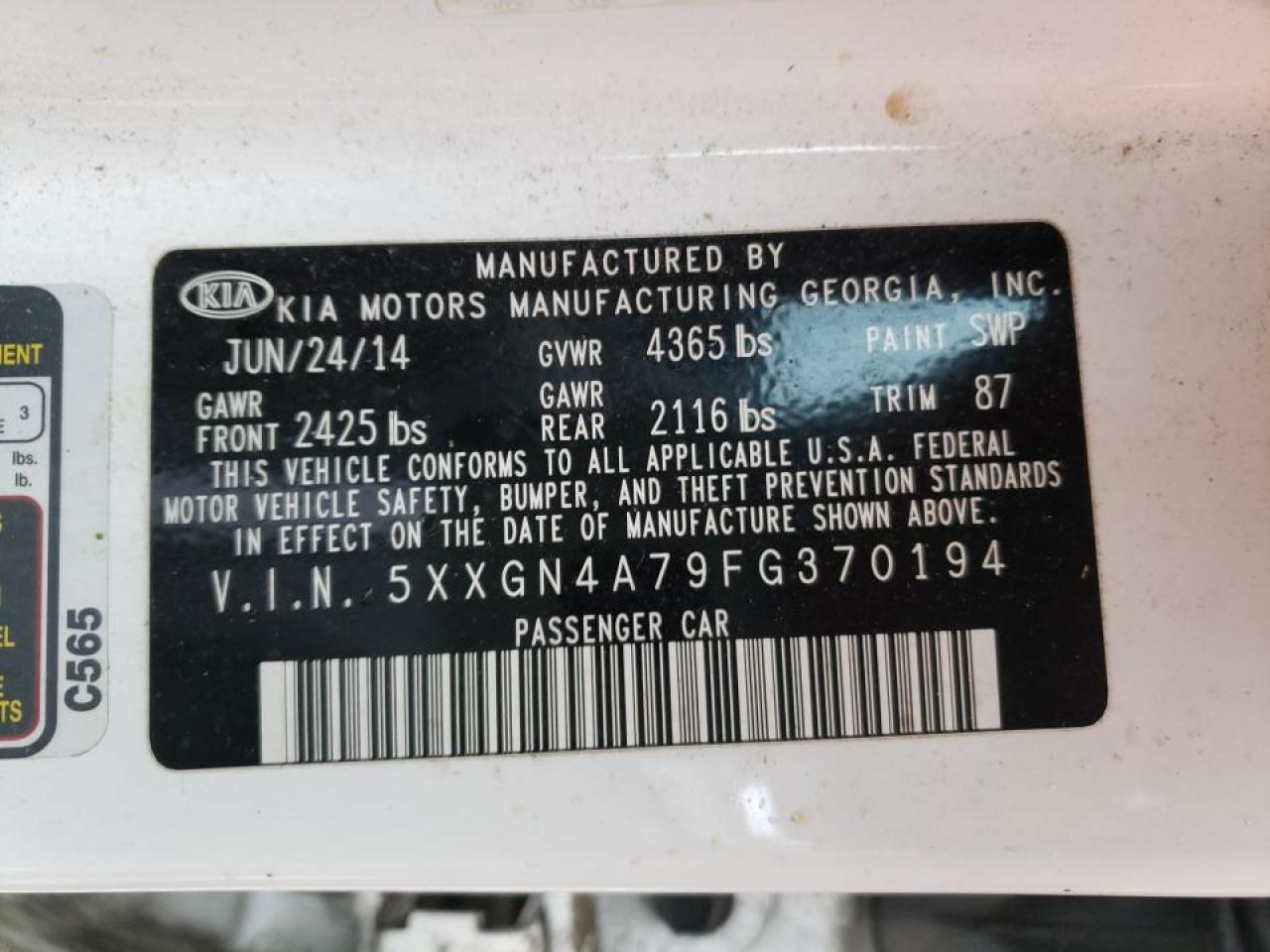 Photo 10 from auction – 2015 KIA OPTIMA EX with VIN 5XXGN4A79FG370194