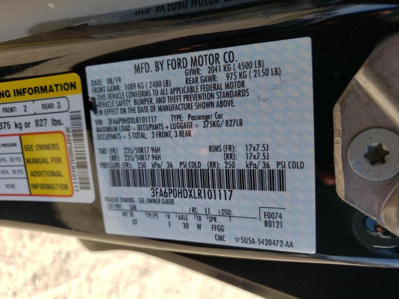 Photo 10 from auction – 2020 FORD FUSION SE with VIN 3FA6P0HDXLR101117