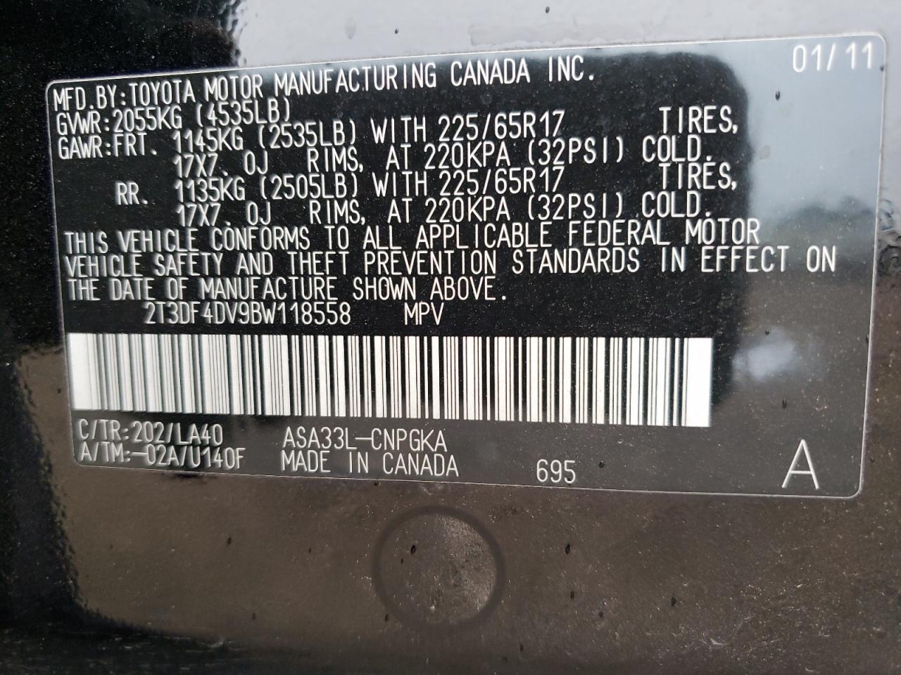 Photo 10 from auction – 2011 TOYOTA RAV4 LIMIT with VIN 2T3DF4DV9BW118558