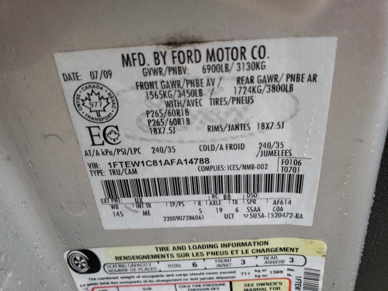 Photo 10 from auction – 2010 FORD F150 SUPER with VIN 1FTEW1C81AFA14788
