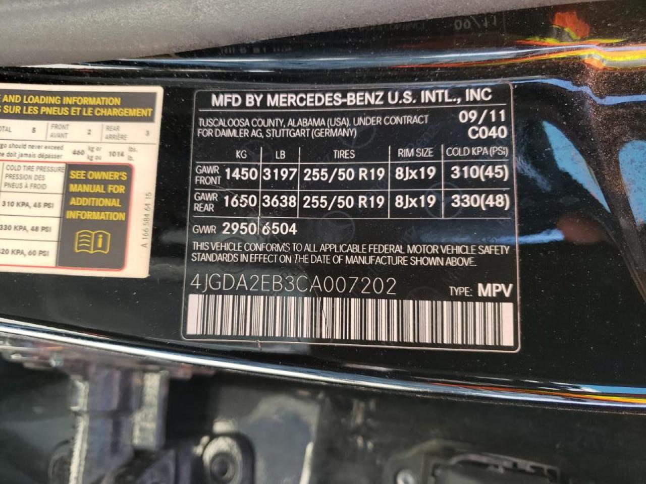 Photo 10 from auction – 2012 MERCEDES-BENZ ML 350 BLU with VIN 4JGDA2EB3CA007202