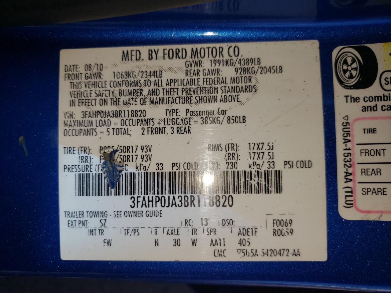 Photo 10 from auction – 2011 FORD FUSION SEL with VIN 3FAHP0JA3BR118820