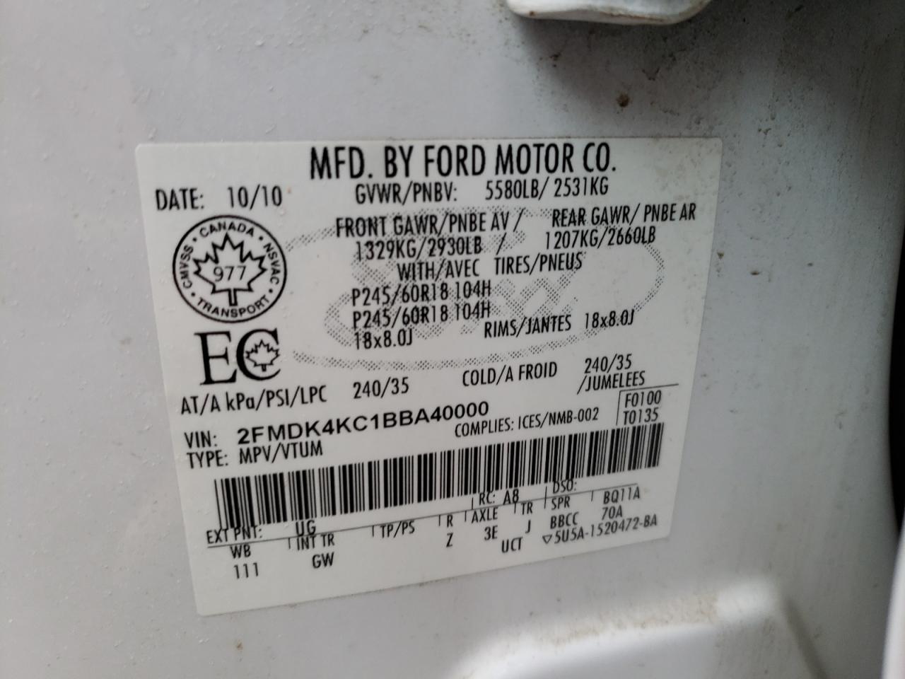 Photo 10 from auction – 2011 FORD EDGE LIMIT with VIN 2FMDK4KC1BBA40000