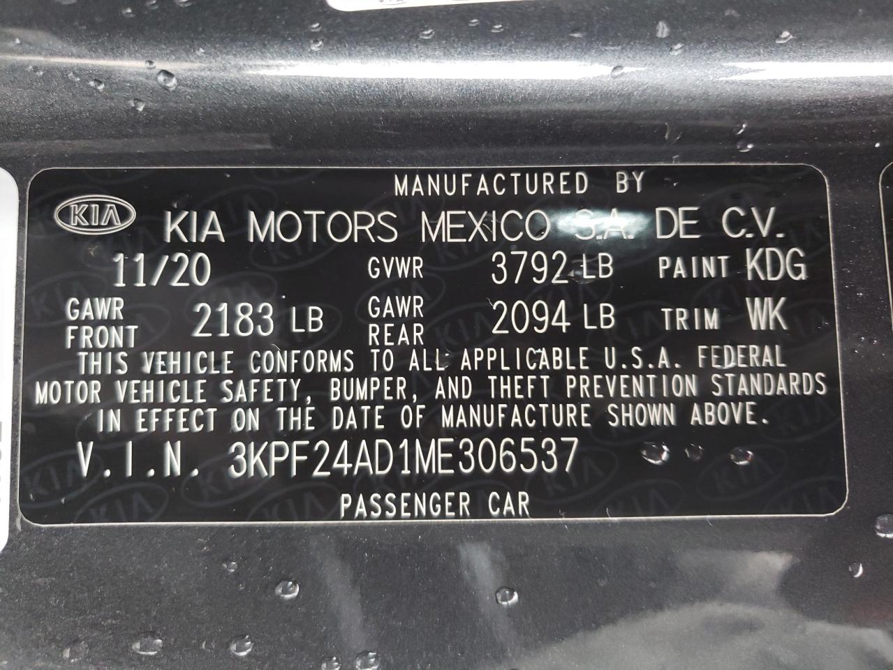 Photo 10 from auction – 2021 KIA FORTE FE with VIN 3KPF24AD1ME306537
