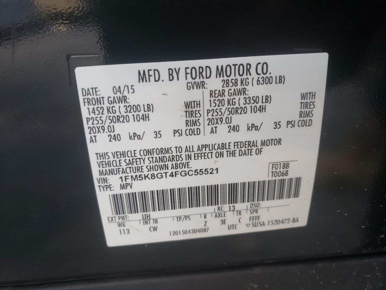Photo 10 from auction – 2015 FORD EXPLORER S with VIN 1FM5K8GT4FGC55521