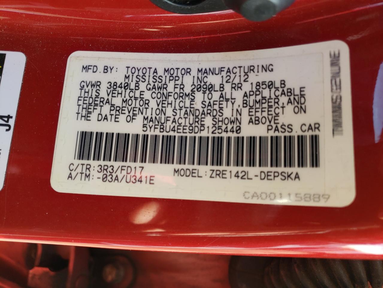 Photo 10 from auction – 2013 TOYOTA COROLLA BA with VIN 5YFBU4EE9DP125440