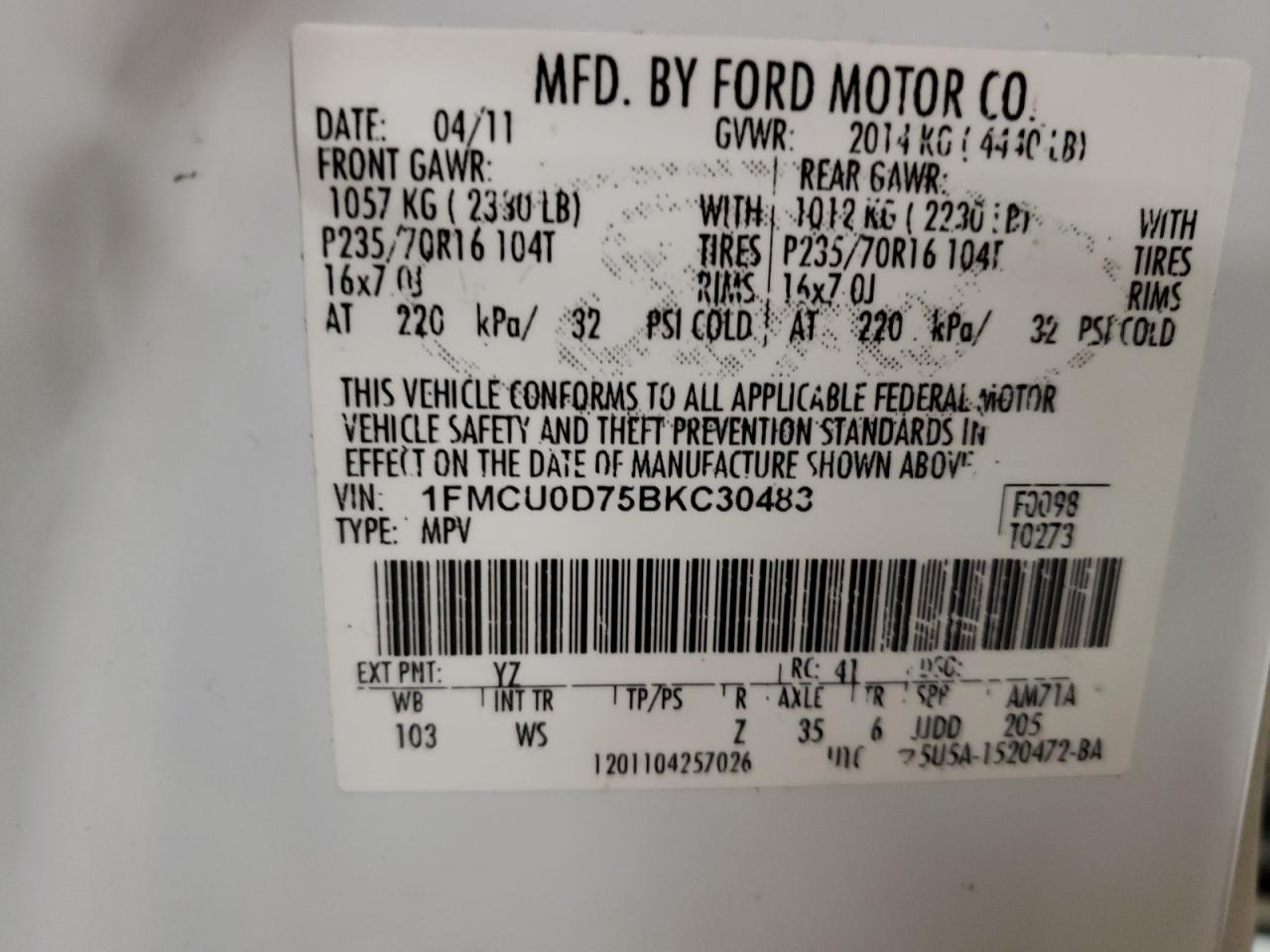 Photo 10 from auction – 2011 FORD ESCAPE XLT with VIN 1FMCU0D75BKC30483