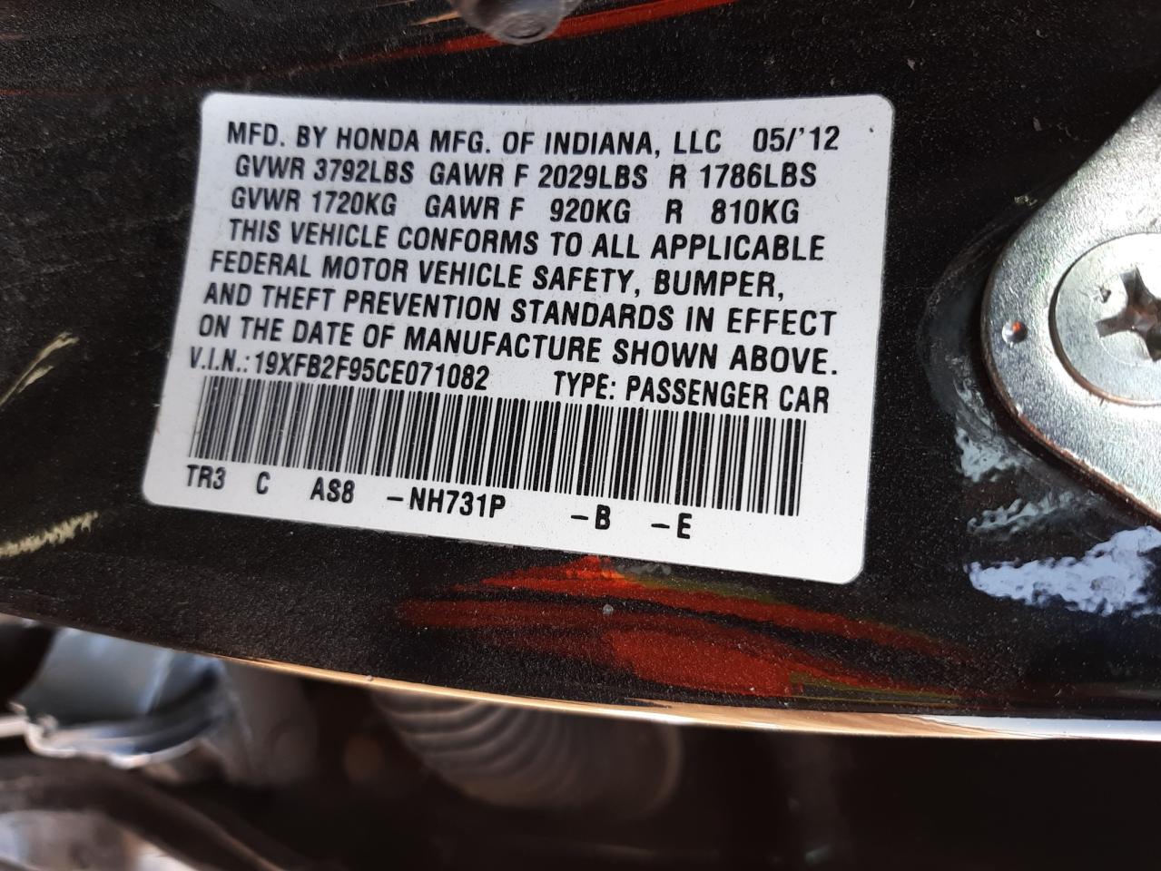 Photo 10 from auction – 2012 HONDA CIVIC EXL with VIN 19XFB2F95CE071082