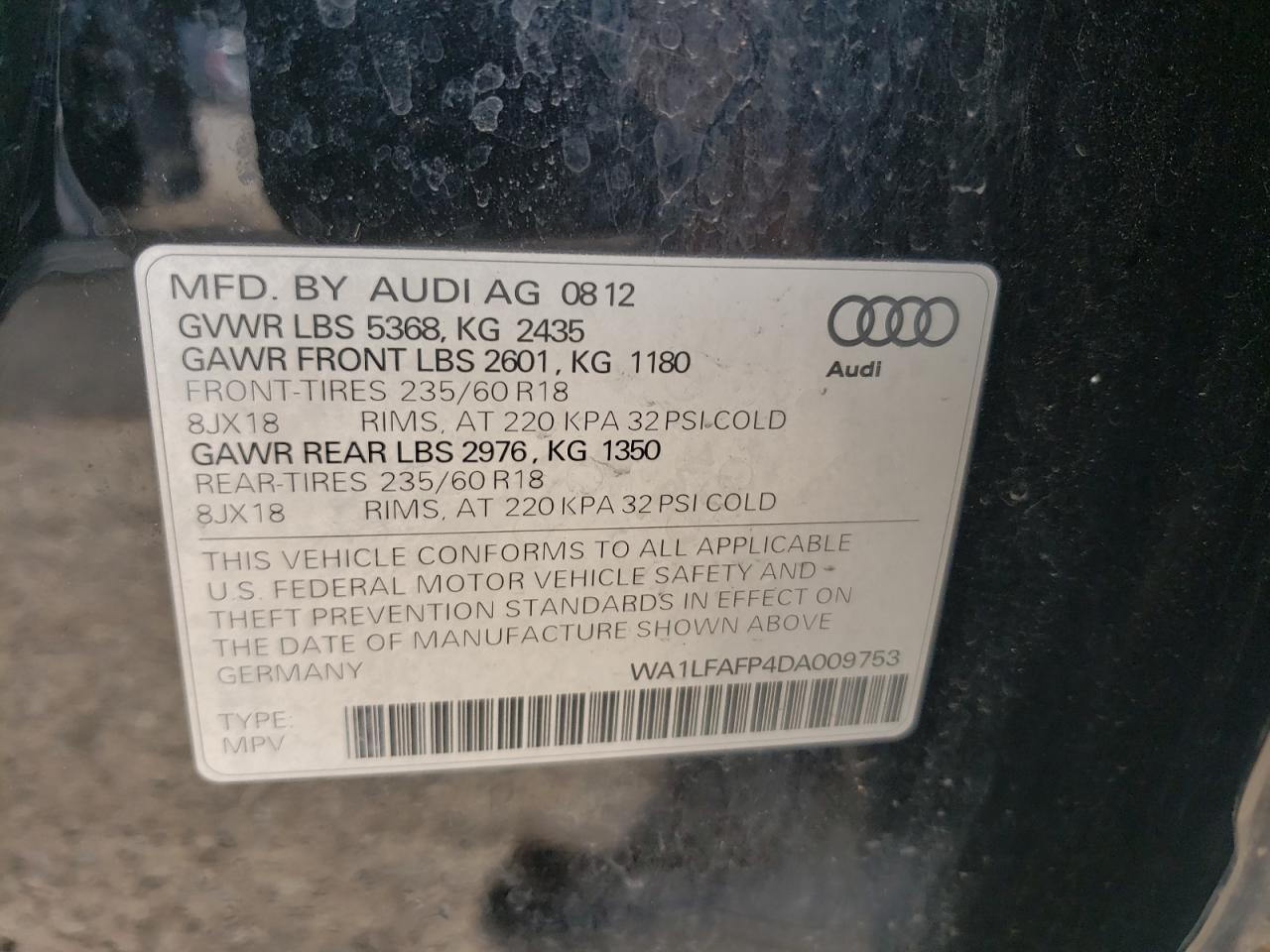 Zdjęcie 10 z aukcji – 2013 AUDI Q5 PREMIUM z VIN WA1LFAFP4DA009753