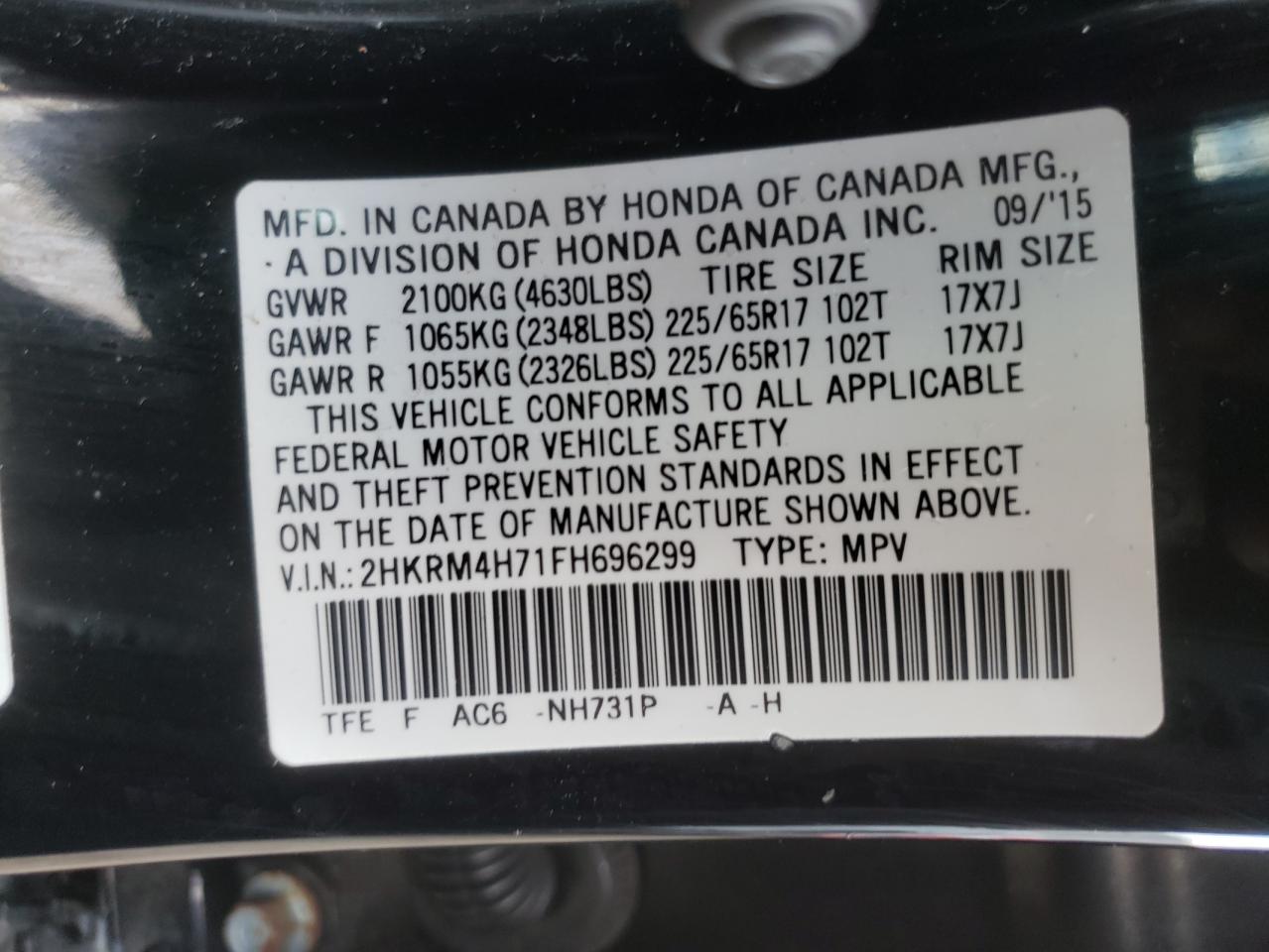 Photo 10 from auction – 2015 HONDA CR-V EXL with VIN 2HKRM4H71FH696299