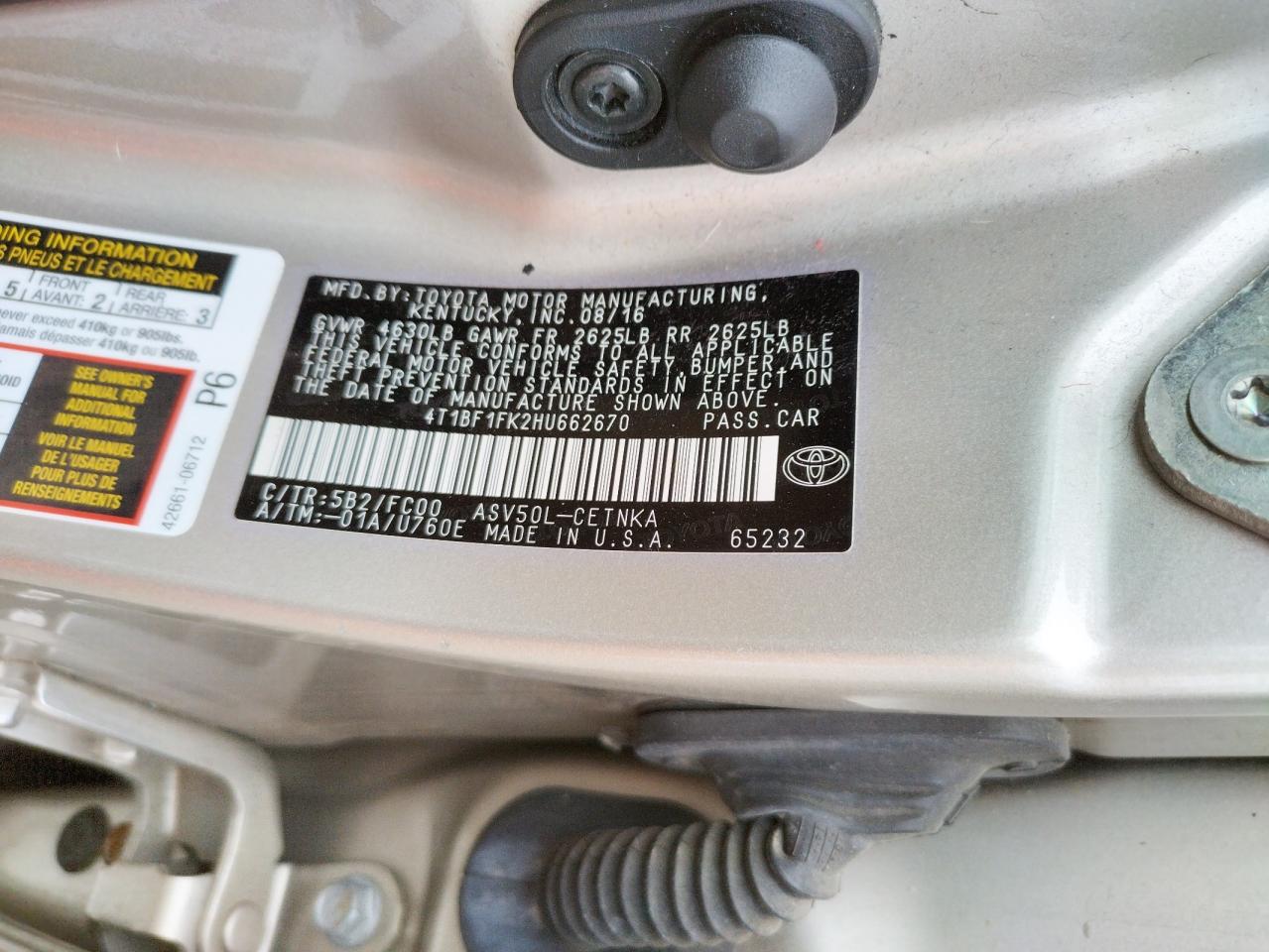 Photo 10 from auction – 2017 TOYOTA CAMRY LE with VIN 4T1BF1FK2HU662670