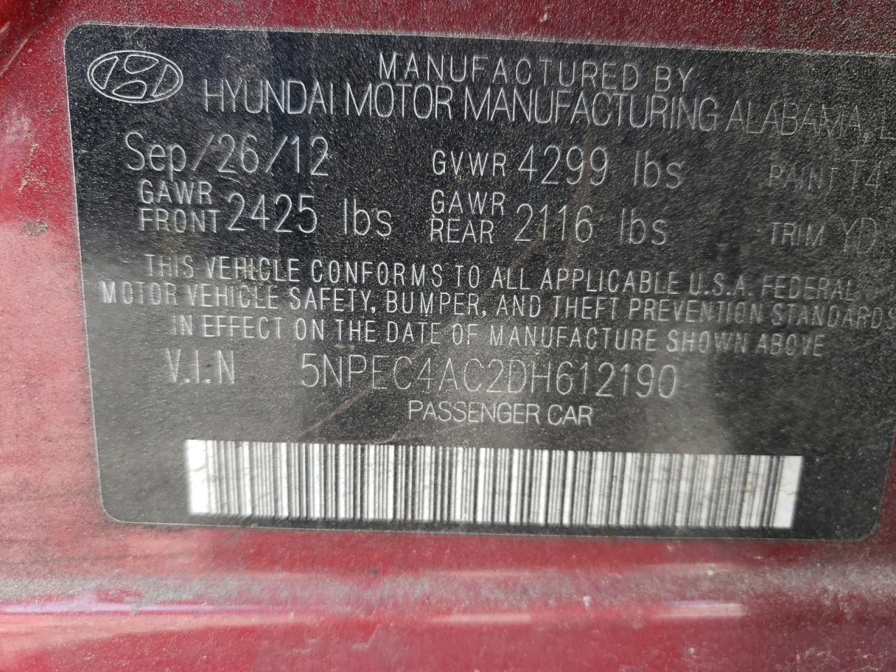 Photo 10 from auction – 2013 HYUNDAI SONATA SE with VIN 5NPEC4AC2DH612190