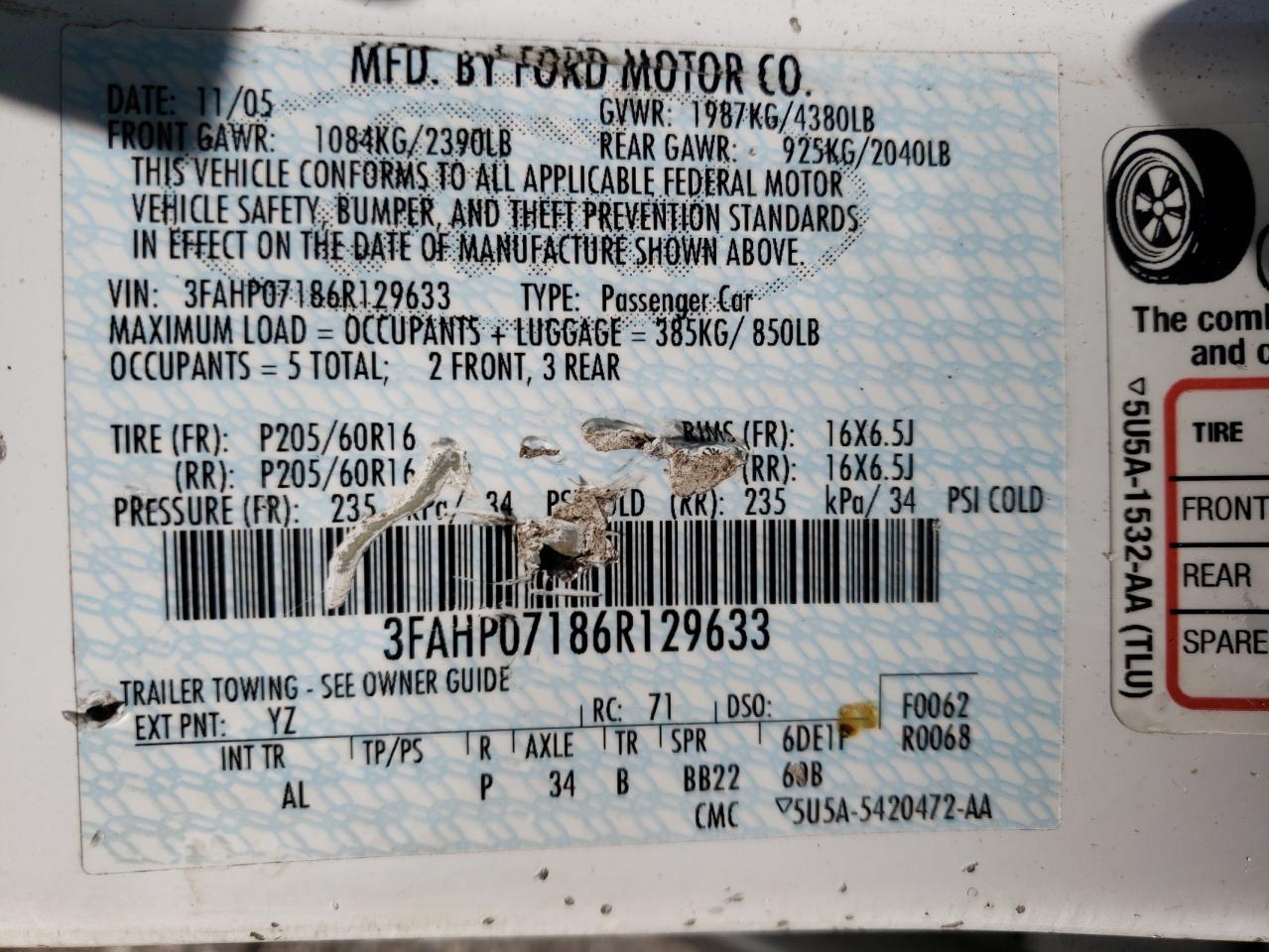 Photo 10 from auction – 2006 FORD FUSION SE with VIN 3FAHP07186R129633