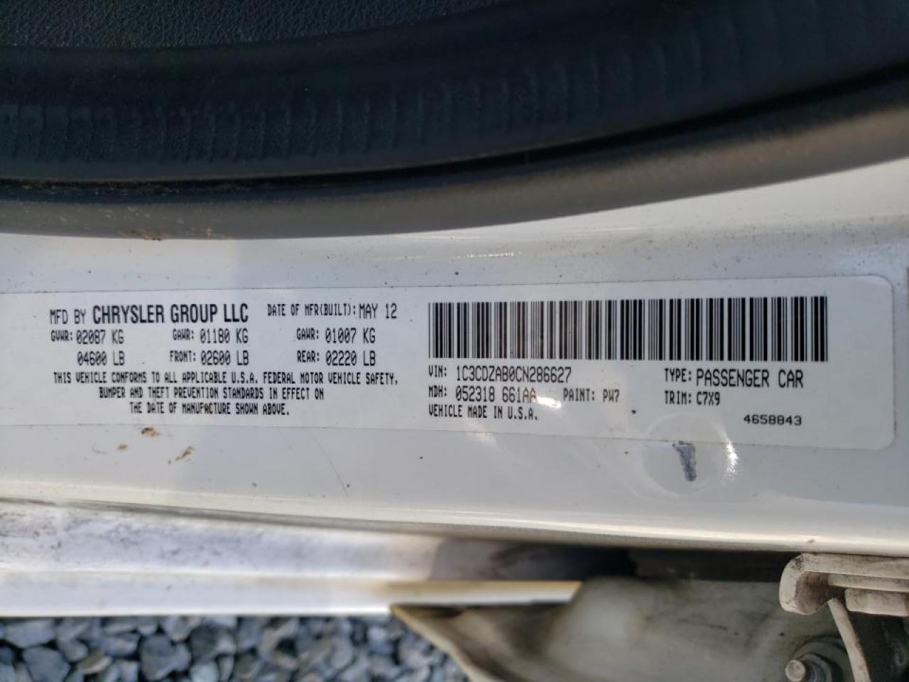Photo 10 from auction – 2012 DODGE AVENGER SE with VIN 1C3CDZAB0CN286627