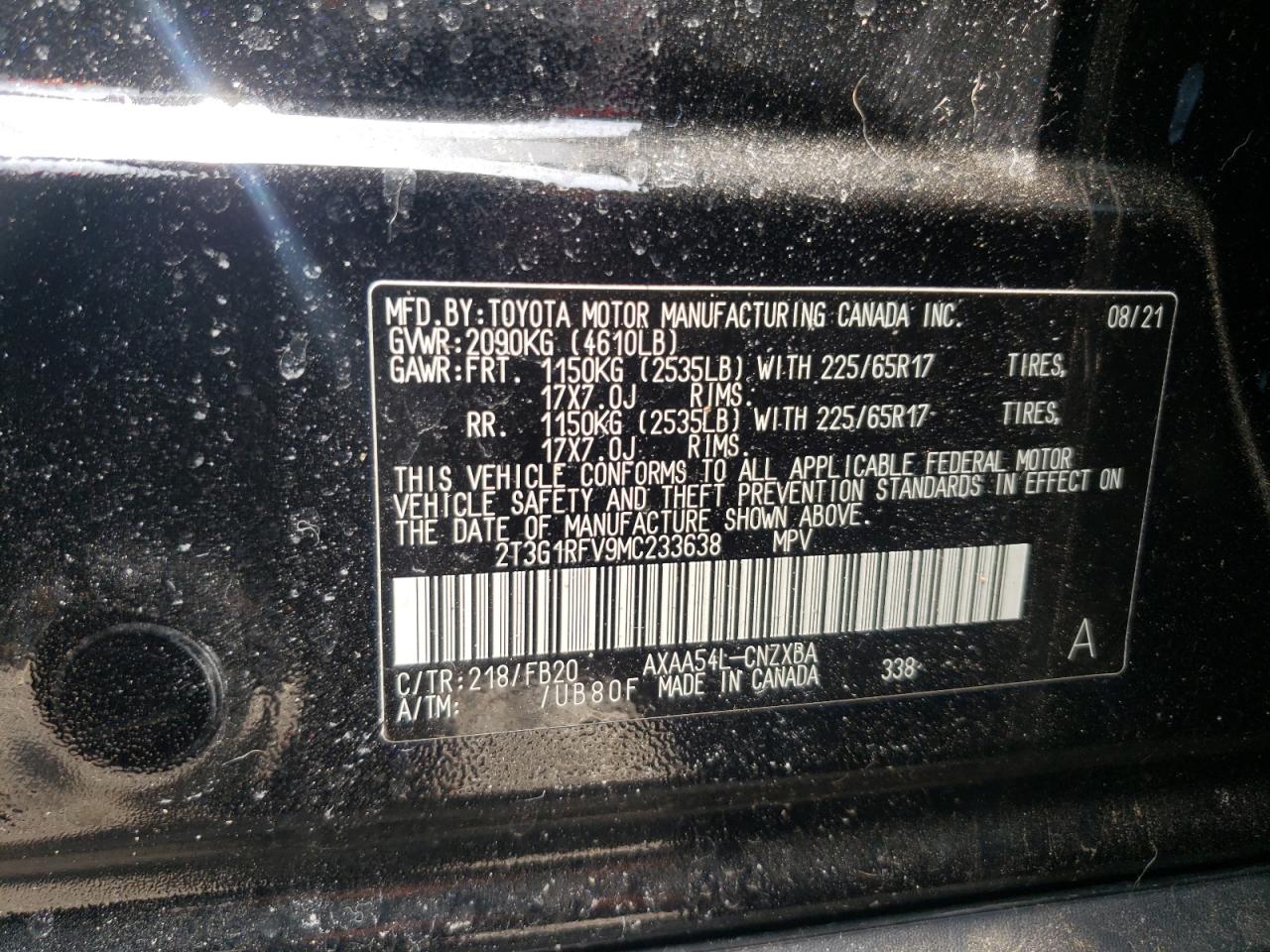 Photo 10 from auction – 2021 TOYOTA RAV4 LE with VIN 2T3G1RFV9MC233638