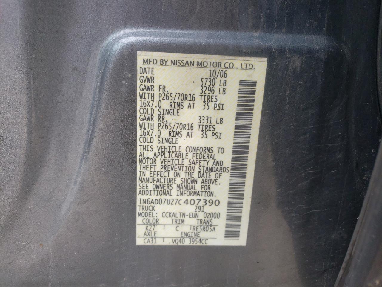Photo 10 from auction – 2007 NISSAN FRONTIER C with VIN 1N6AD07U27C407390