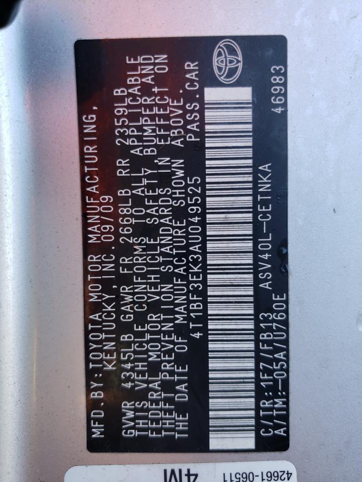 Photo 10 from auction – 2010 TOYOTA CAMRY BASE with VIN 4T1BF3EK3AU049525