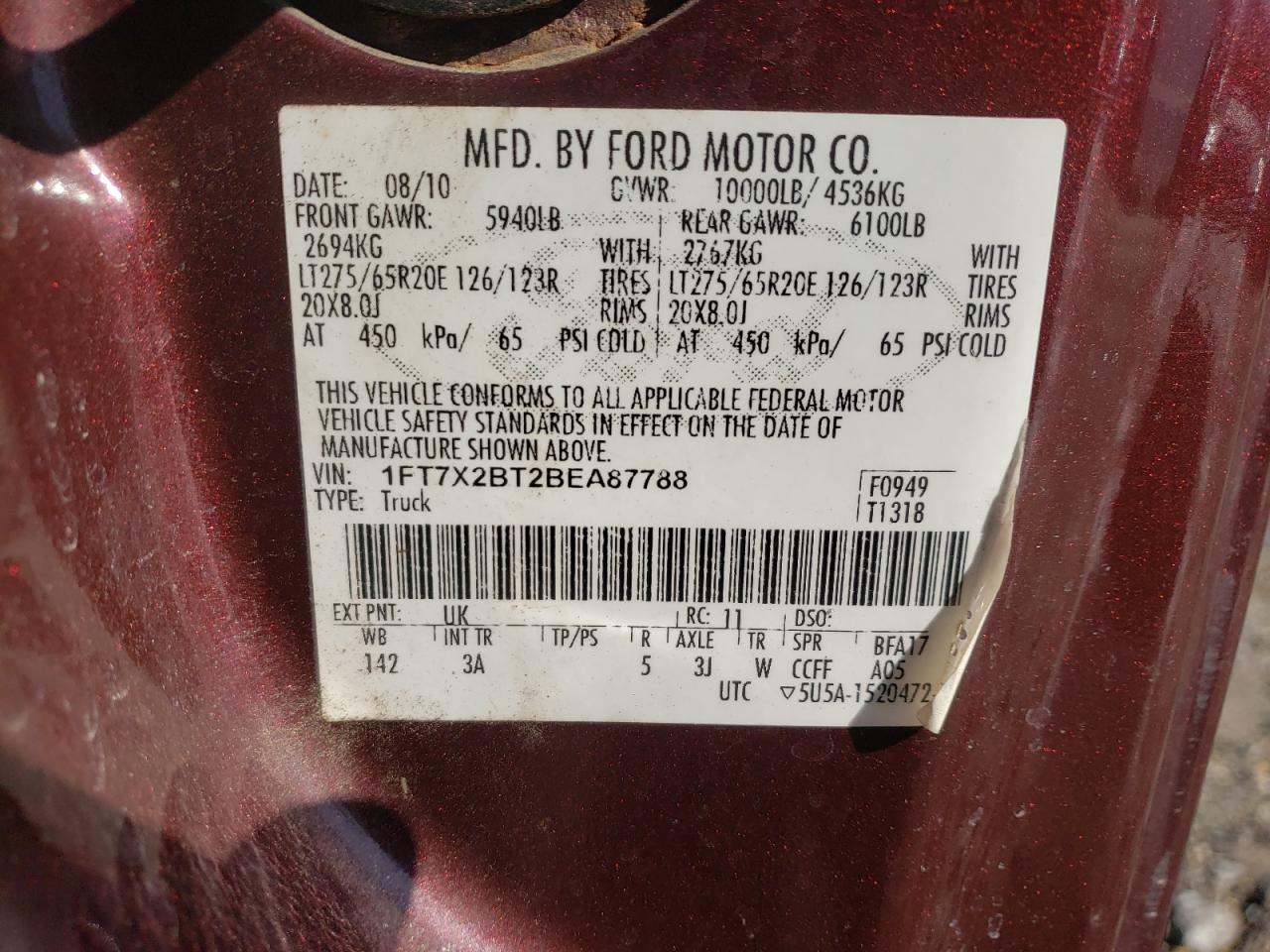 Photo 10 from auction – 2011 FORD F250 SUPER with VIN 1FT7X2BT2BEA87788