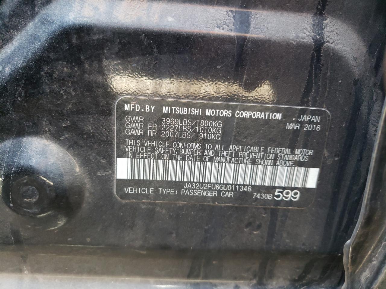 Photo 10 from auction – 2016 MITSUBISHI LANCER ES with VIN JA32U2FU6GU011346