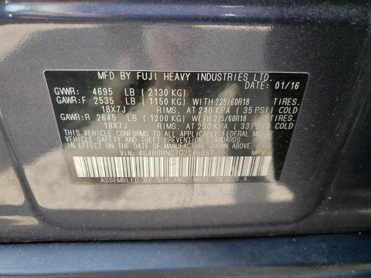 Photo 10 from auction – 2016 SUBARU OUTBACK 2. with VIN 4S4BSBNC7G3285057