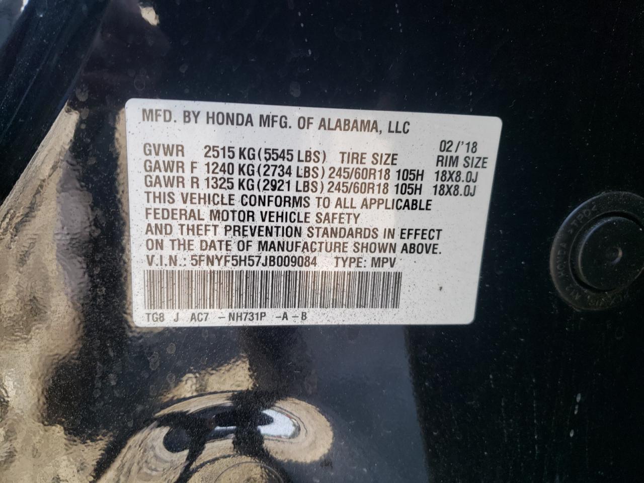 Photo 10 from auction – 2018 HONDA PILOT EXL with VIN 5FNYF5H57JB009084