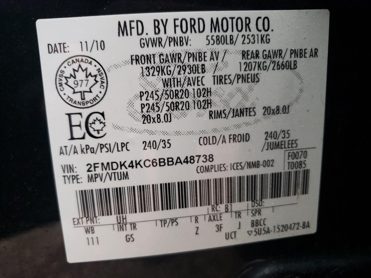 Photo 10 from auction – 2011 FORD EDGE LIMIT with VIN 2FMDK4KC6BBA48738