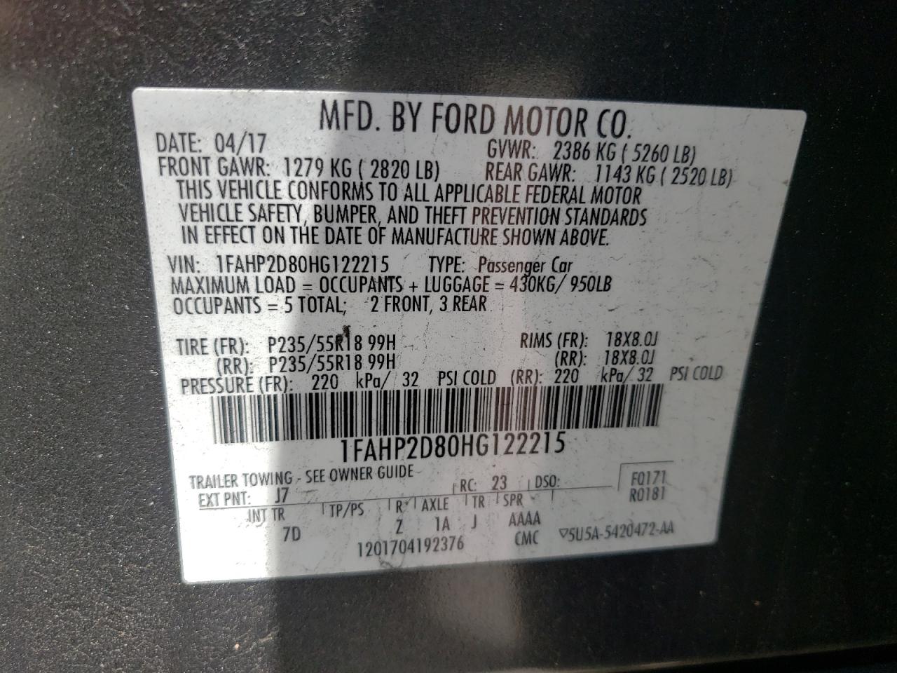 Foto 10 de la subasta – 2017 FORD TAURUS SE con VIN 1FAHP2D80HG122215